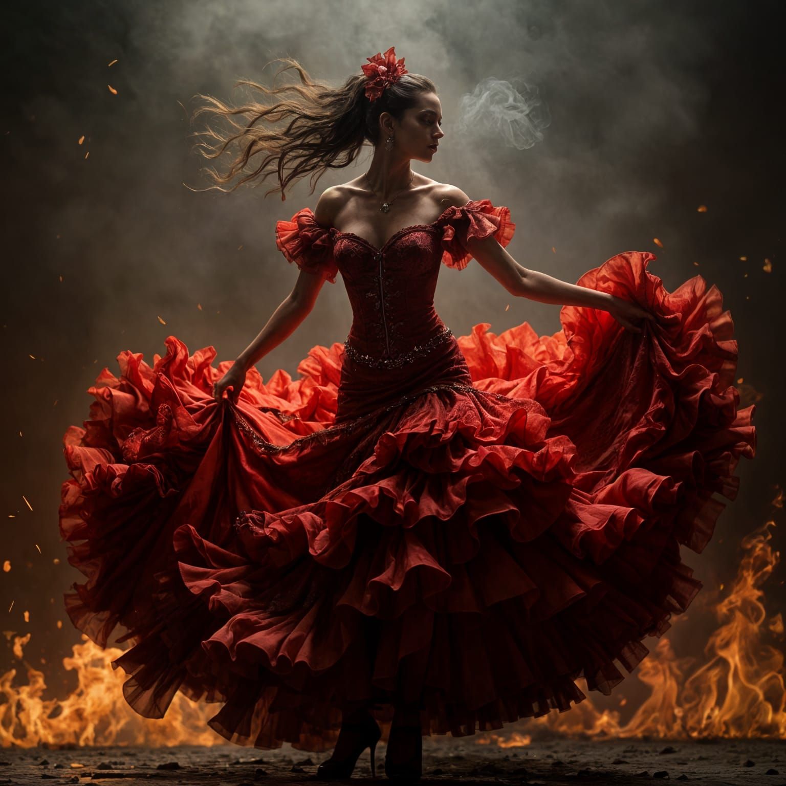 Passionate Flamenco Dancer in Smoky Ambiance
