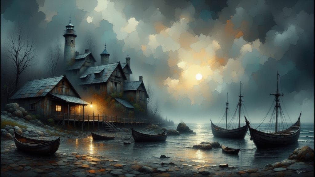 Evocative Oil Painting of a Lonely Fishing Village