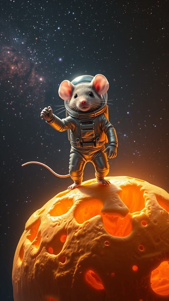 Surreal Space Mouse Triumphs on Golden Cheese Moon
