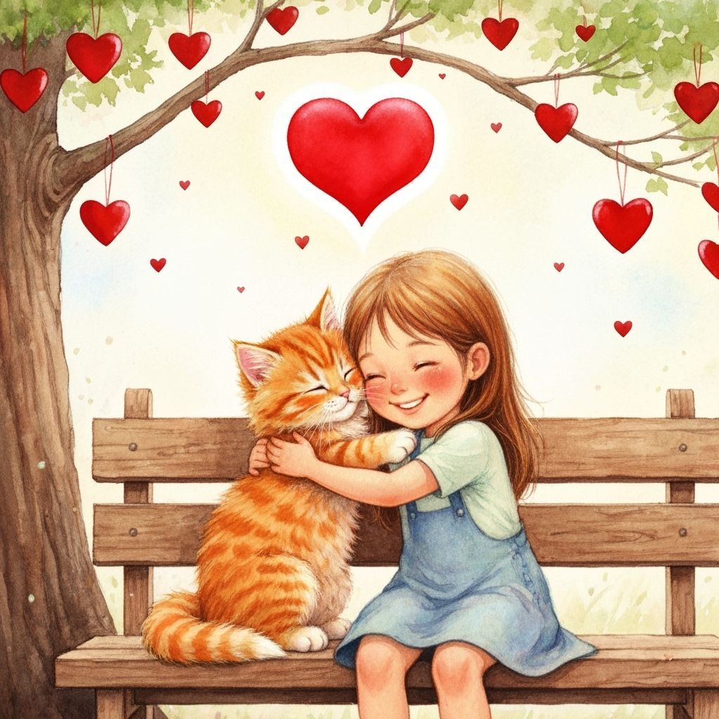 Girl Hugs Ginger Kitten Under Heart Tree
