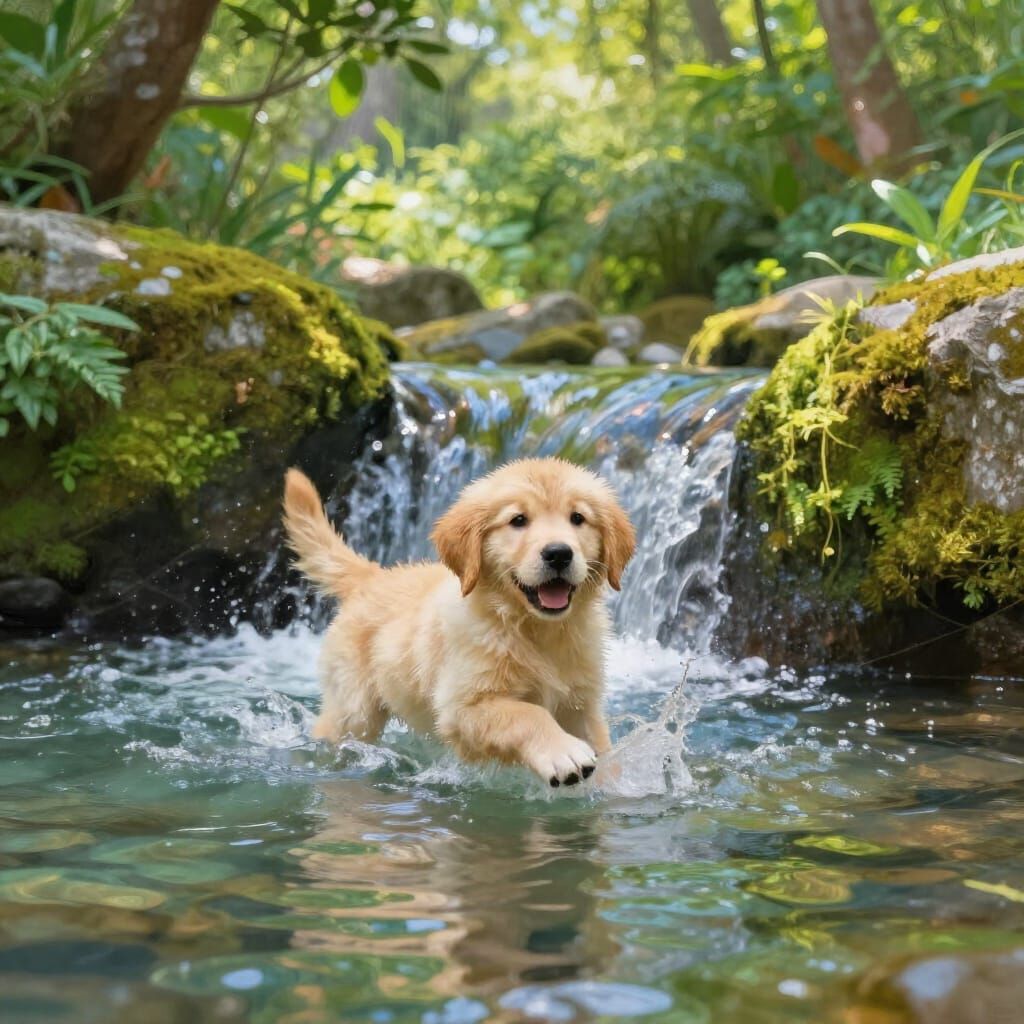 Playful Golden Retriever Splashing in Waterfall Pool