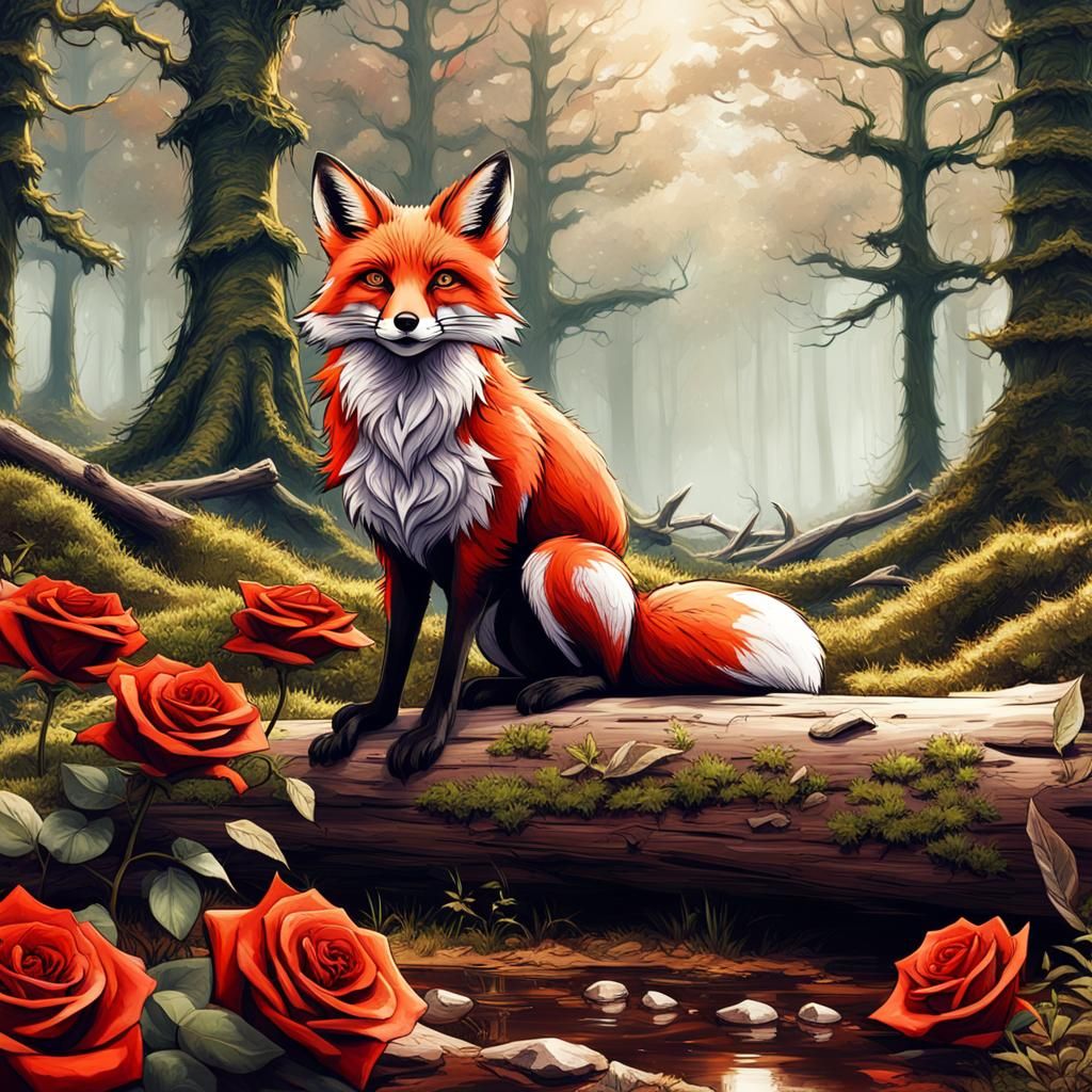 Fox in Overgrown Forest with Rose, Detailed Matte Painting