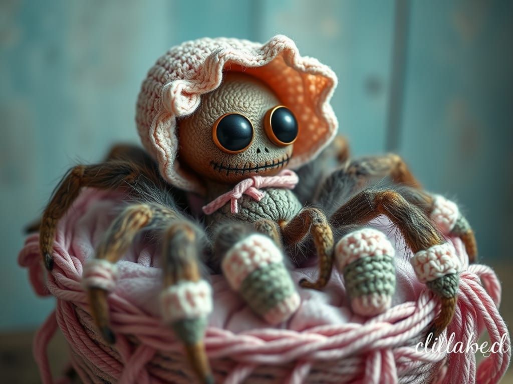 Creepy-Cute Tarantula in Crochet Bonnet, Pastel Colors