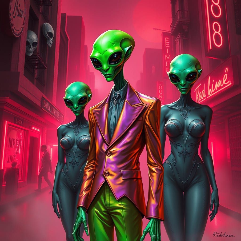Elusive Alien Pimp in Neon-Lit Red Light District Abstract A...