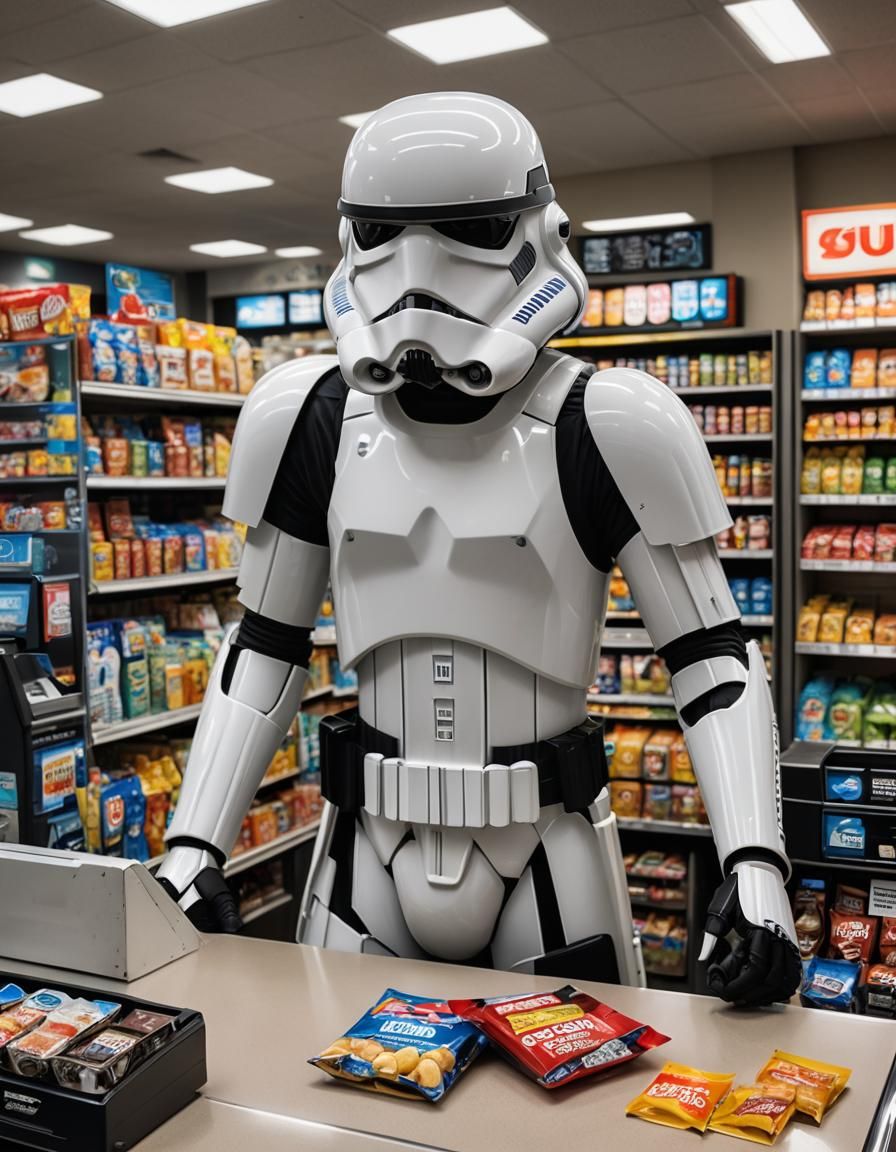 Stormtrooper Working at Sci-Fi Convenience Store