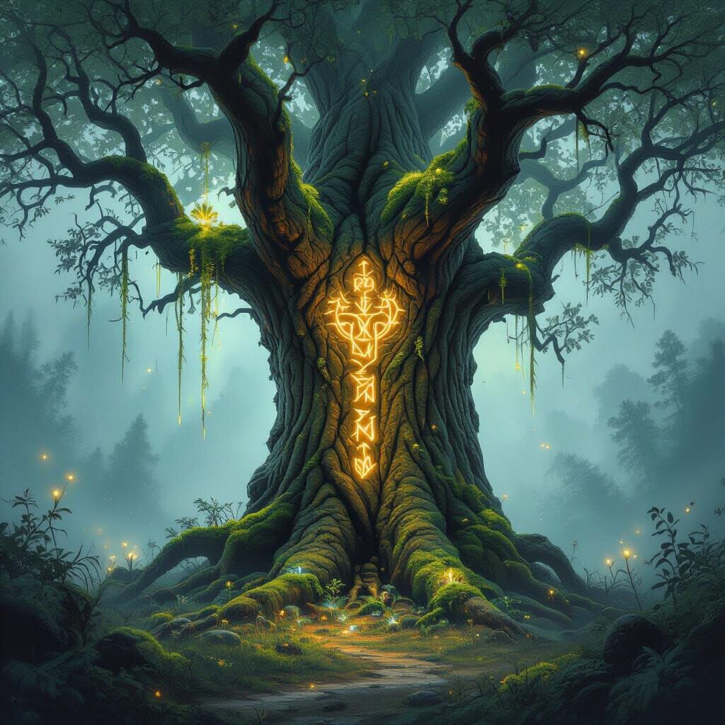 Mystical Tree with Glowing Runes in Dark Fantasy Style
