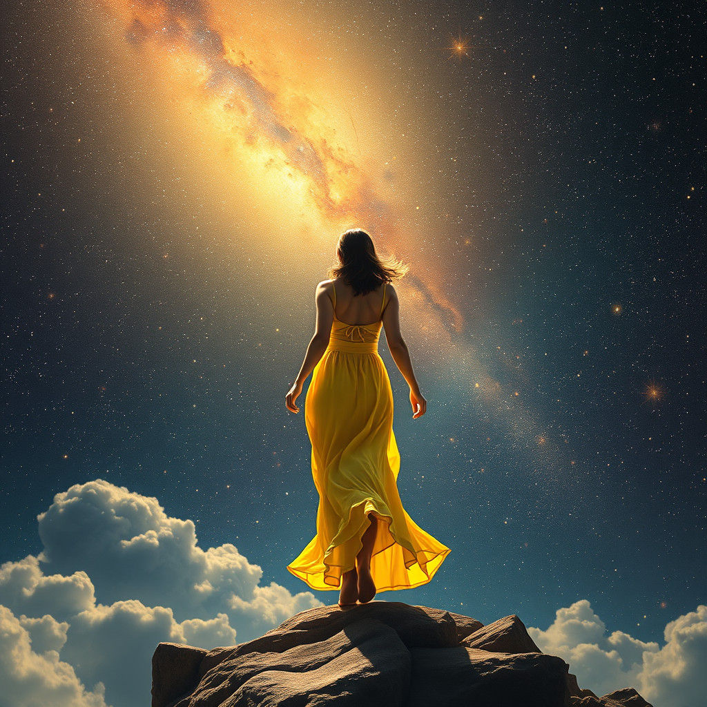 Woman Ascends into Cosmic Sky, Mixed Media