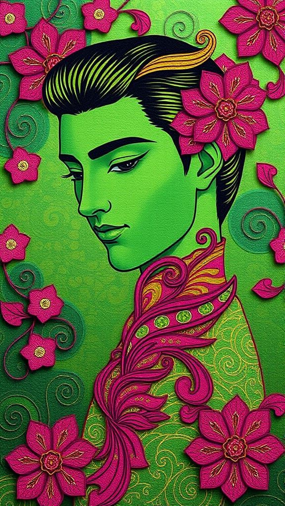 Green Tea Gustav Klimt green and magenta contrasting colors Ukiyo-e psychedelic art qajar art brocade filigree quilling ...