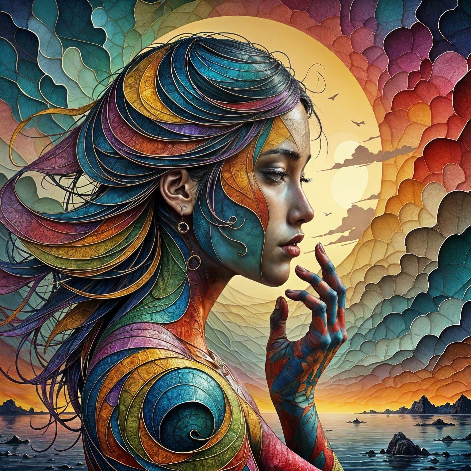 Vivid Digital Art of a Woman in a Dreamlike Landscape