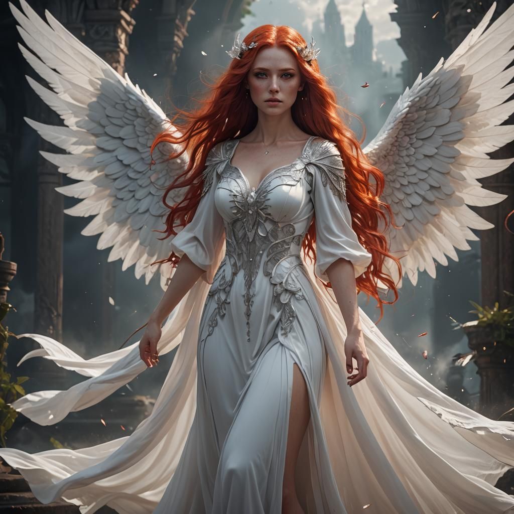 Red Haired Angel with White Wings