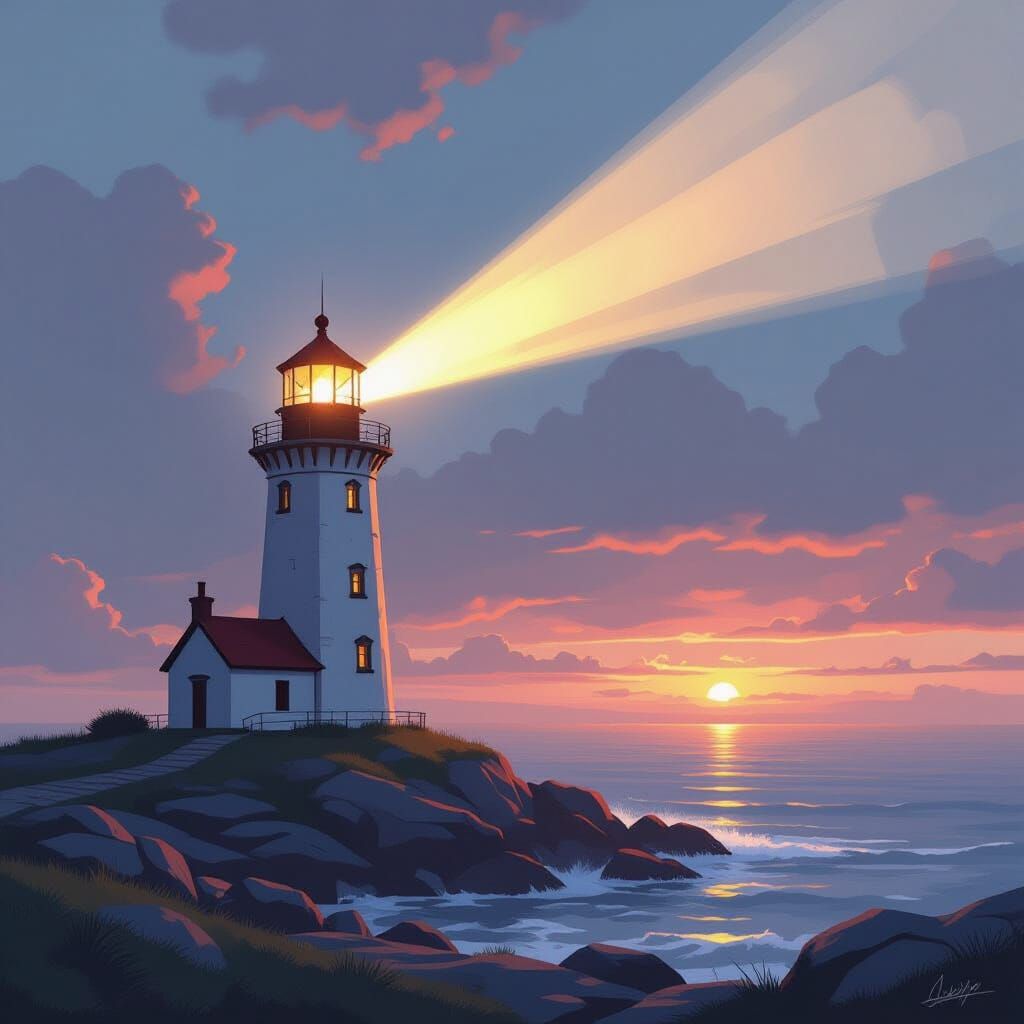 Lighthouse with Bright Light Beam, Romantic Landscape