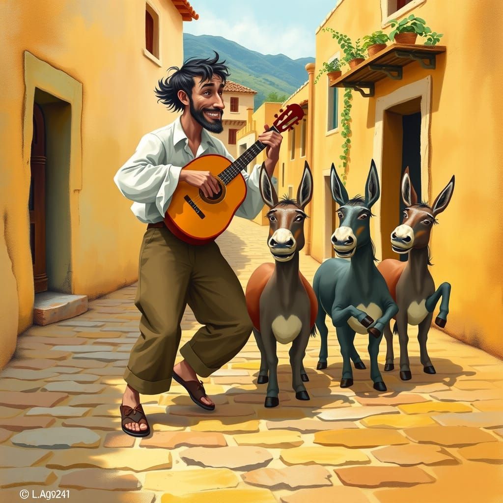 Whimsical Greek Village Donkeys Dance the Zorba