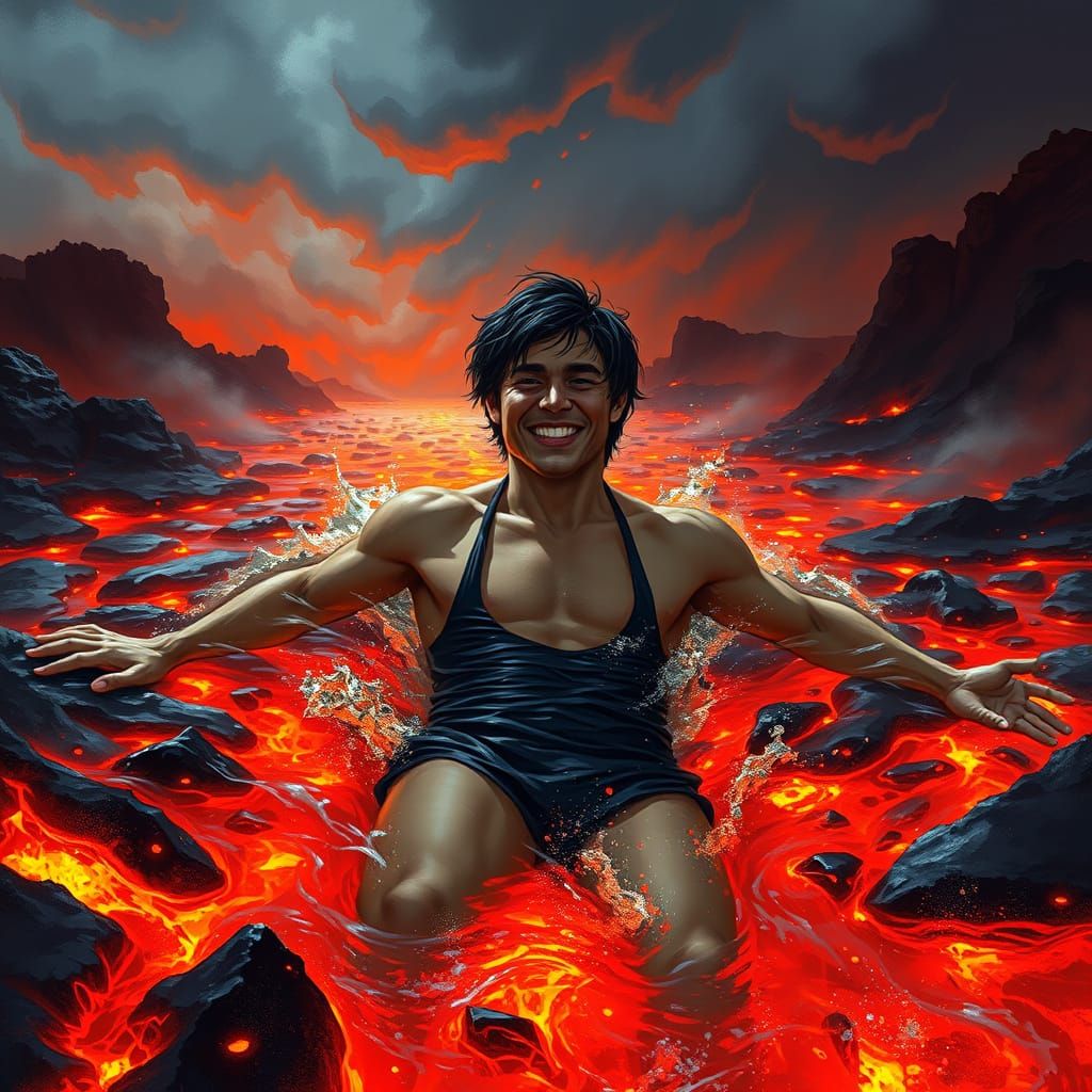 Man Joyfully Swims in Fiery Lava River