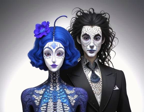 Surreal Figures with Bluebell Heads in Modigliani Style