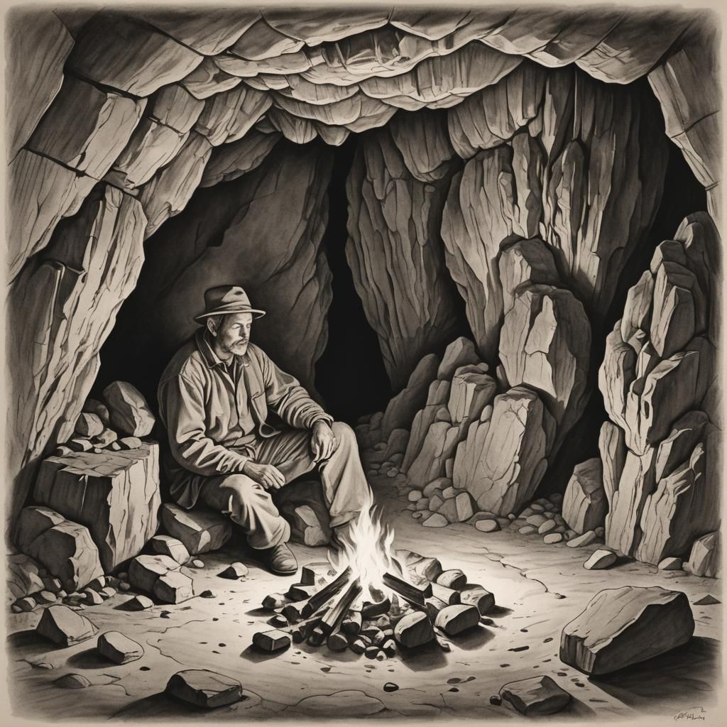 Man Resting by Fire in Cave: Pencil Art