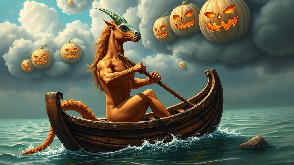 Centaur Rows Boat Under Jack O'Lantern Clouds