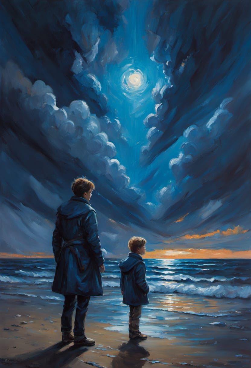 Luminous Angel Over Stormy Beach as Impasto Oil Painting