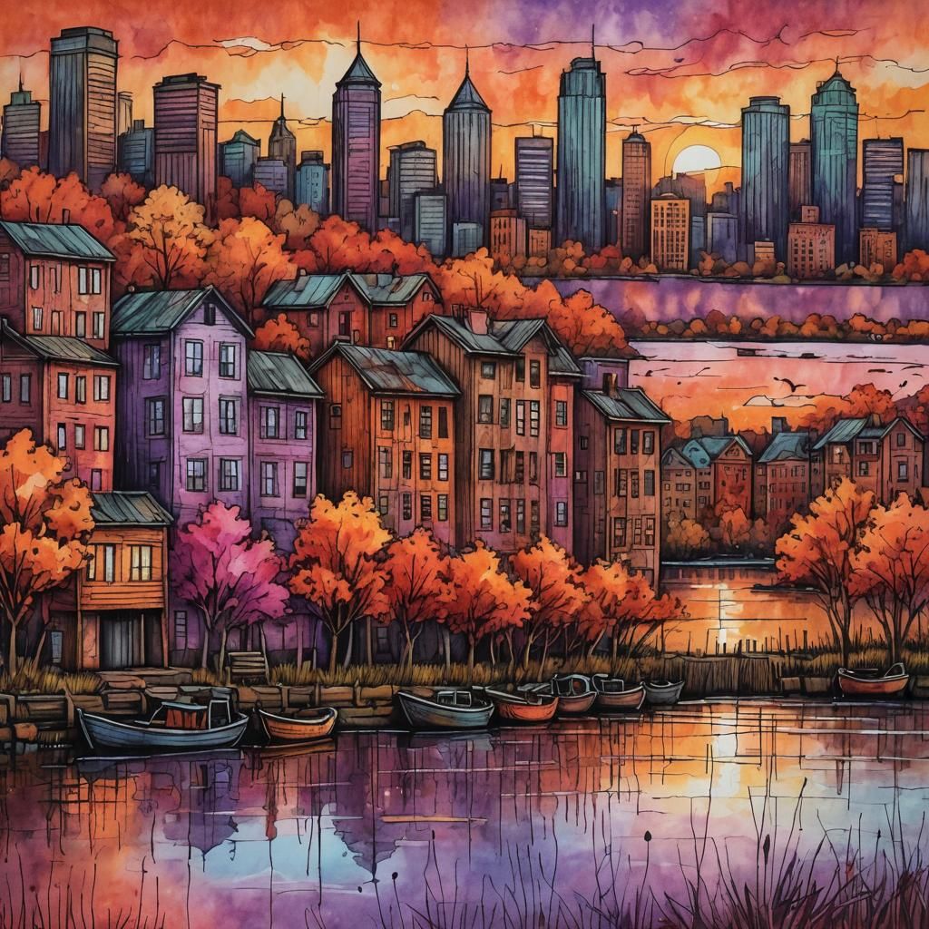 Buildings at Water's Edge in Impasto Style