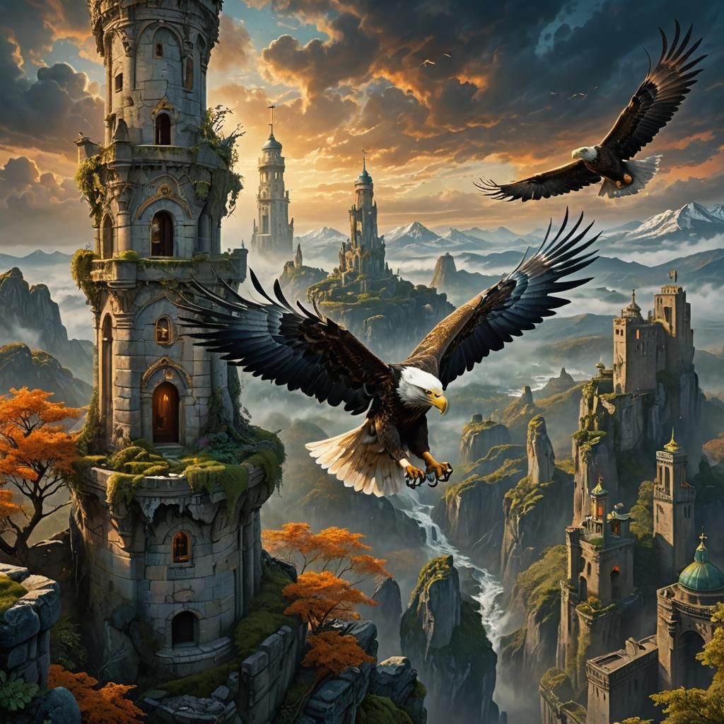 Eagle and Tiger on Tower: Art Nouveau Fantasy