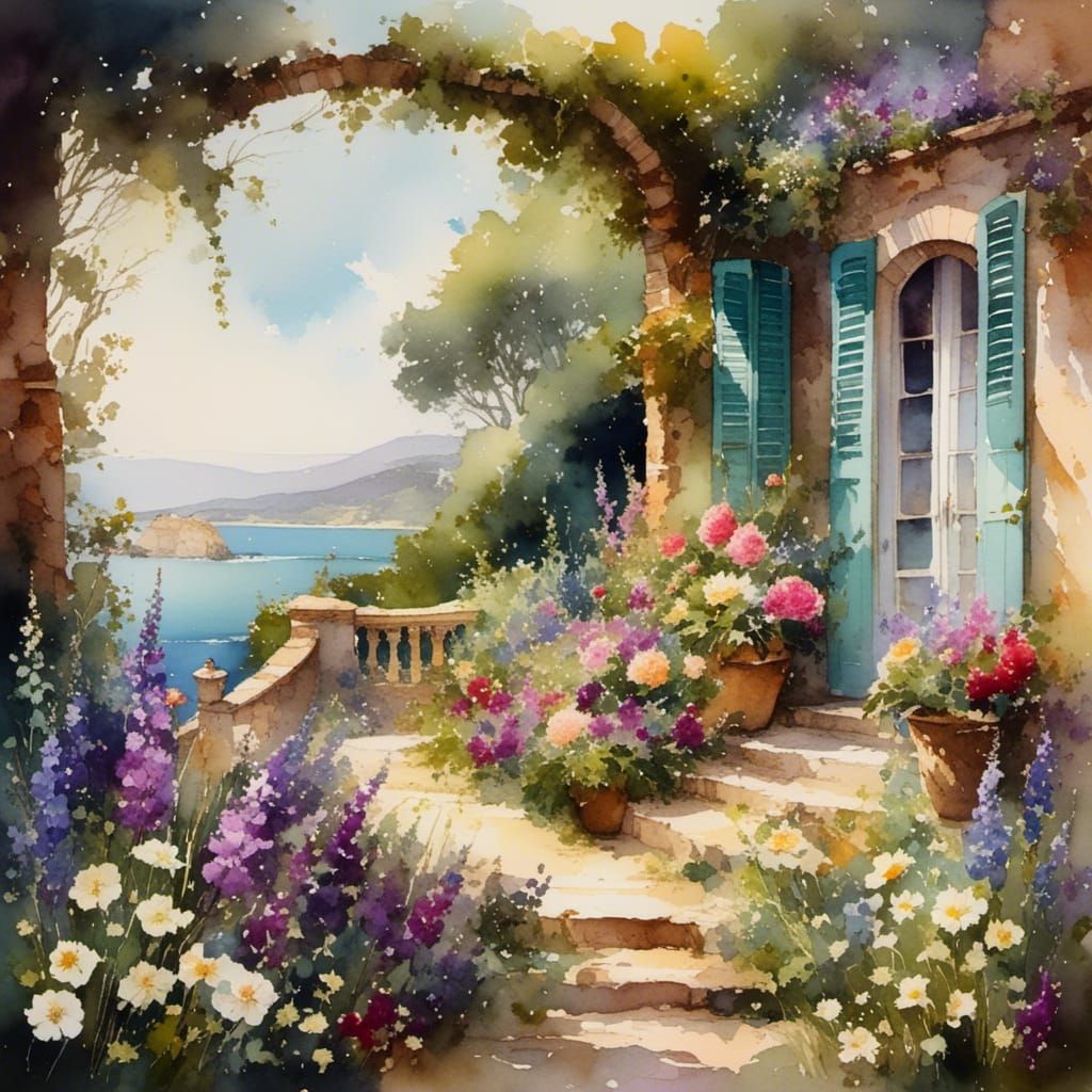 Whimsical Beach Cottage in Watercolor Fairytale Style