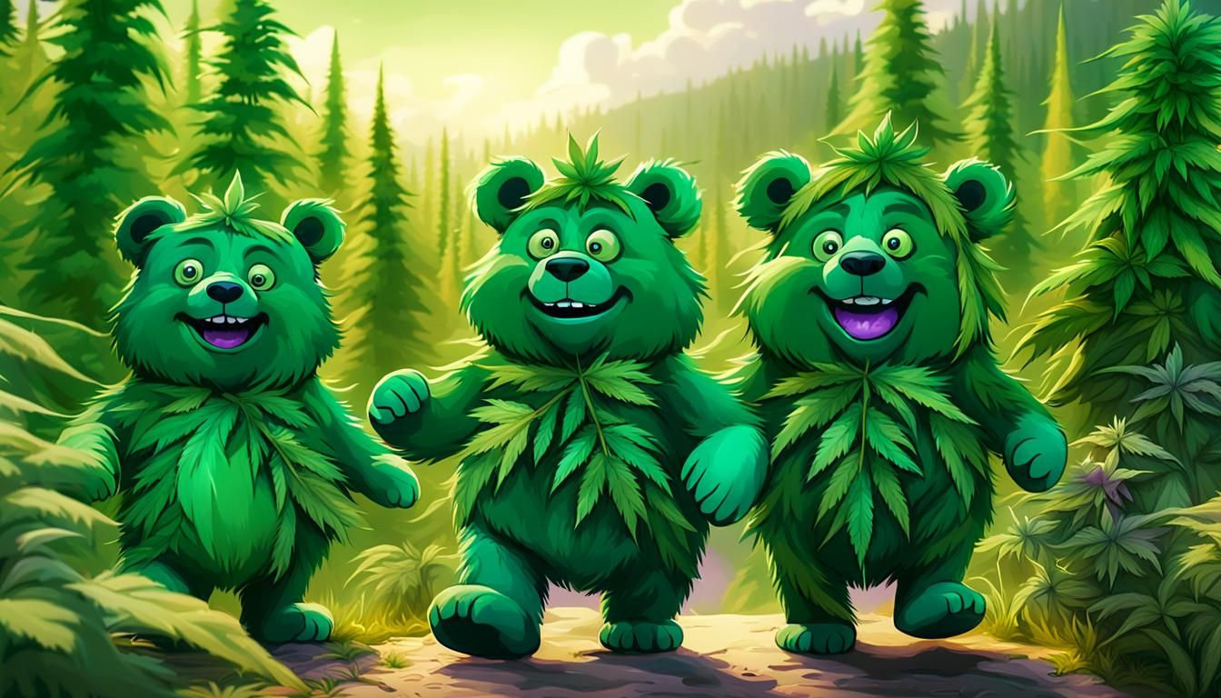 Green Teddy Bears in Cannabis Valley: Digital Art