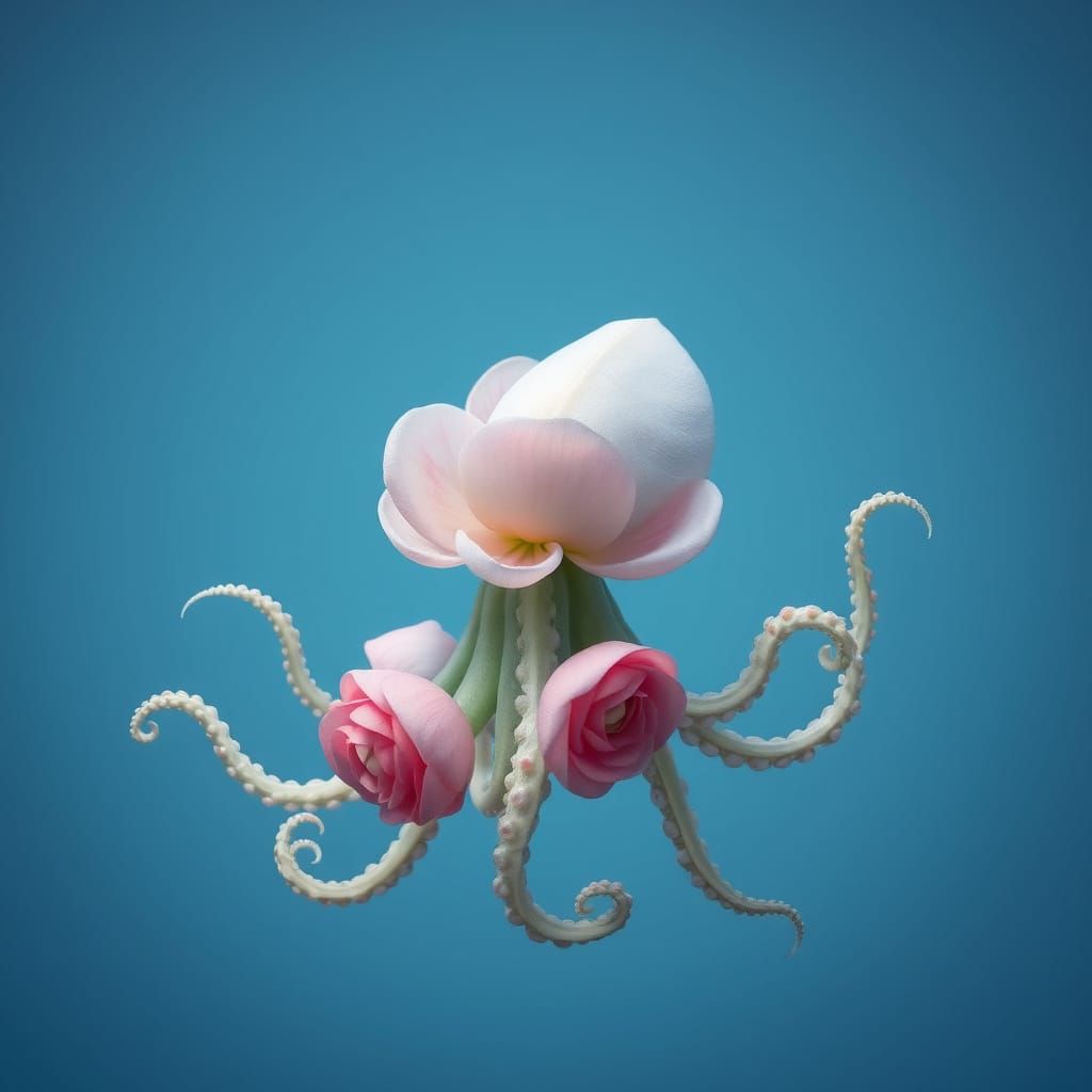 Whimsical Floral Octopus in Ethereal Blue