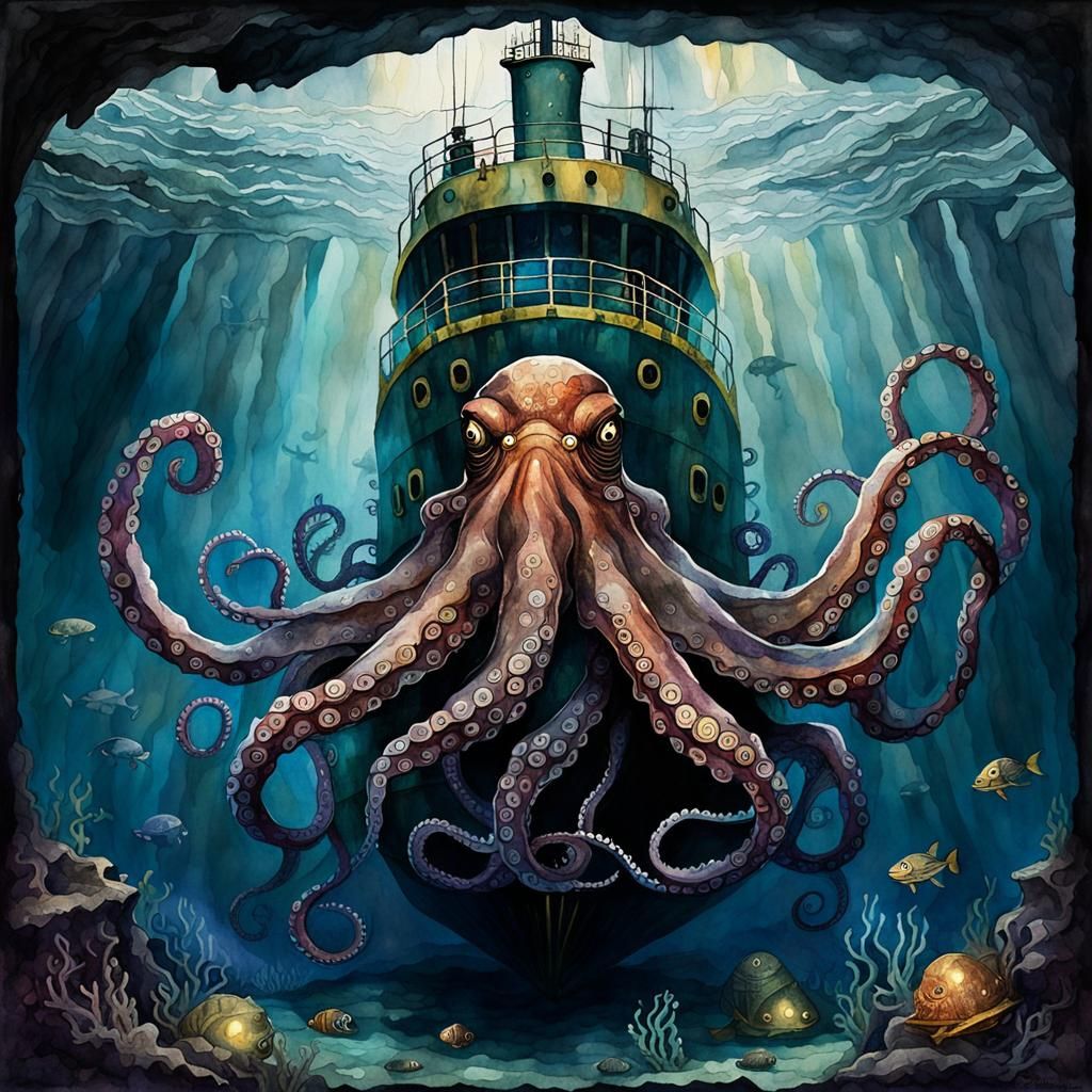 Giant Octopus and Submarine Shipwreck, Watercolor Collage