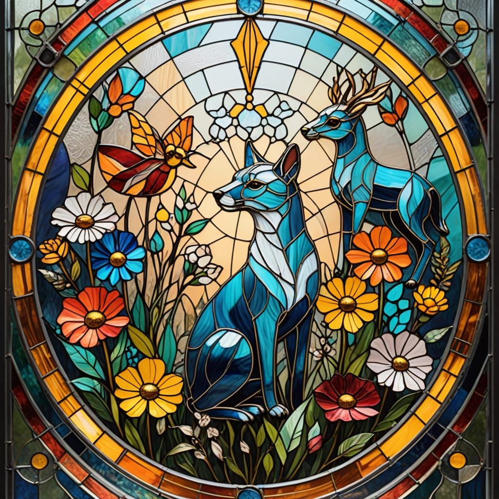 Vibrant Stained Glass Nature Scene in Pop Art Style