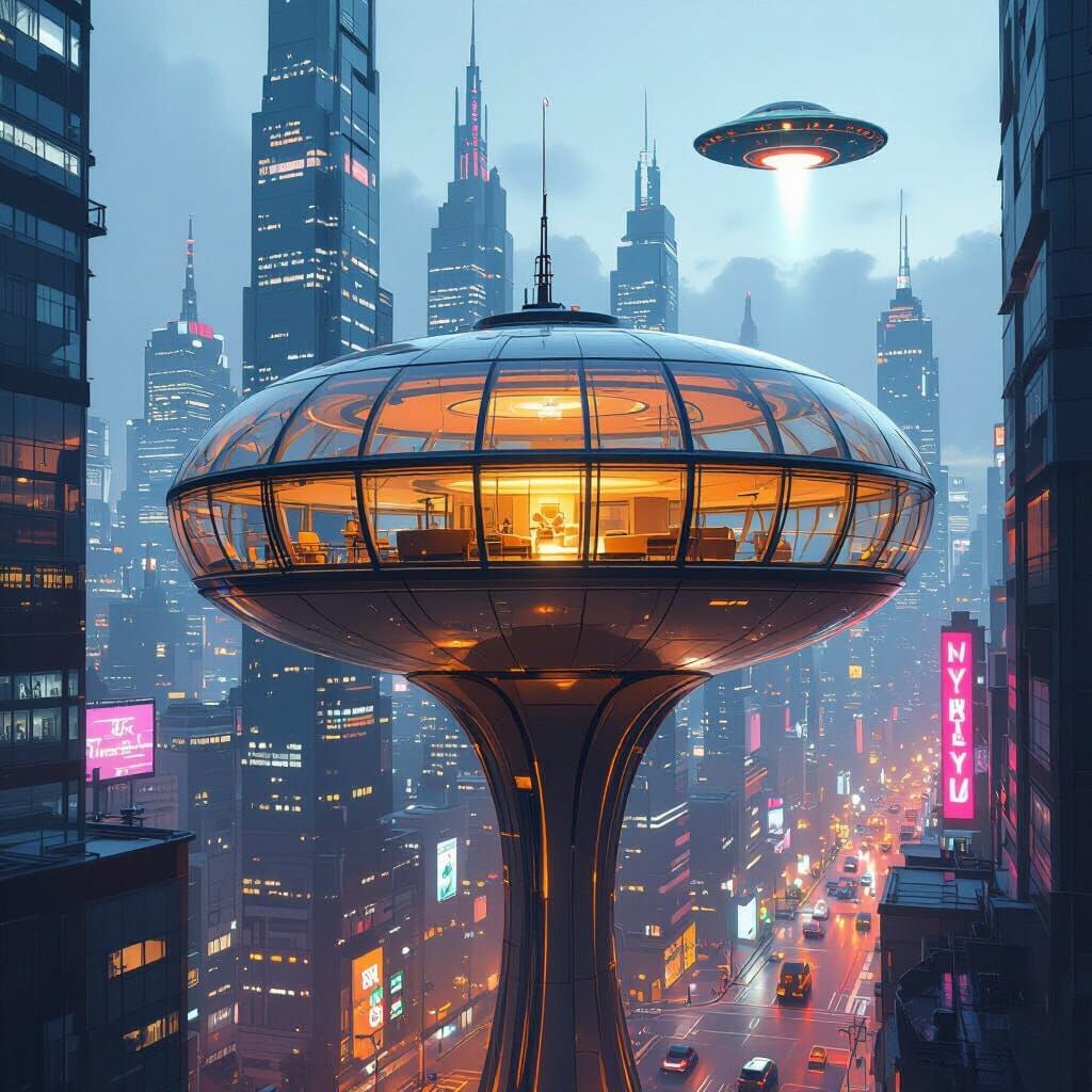 Futuristic Glass Treehouse in Neon City