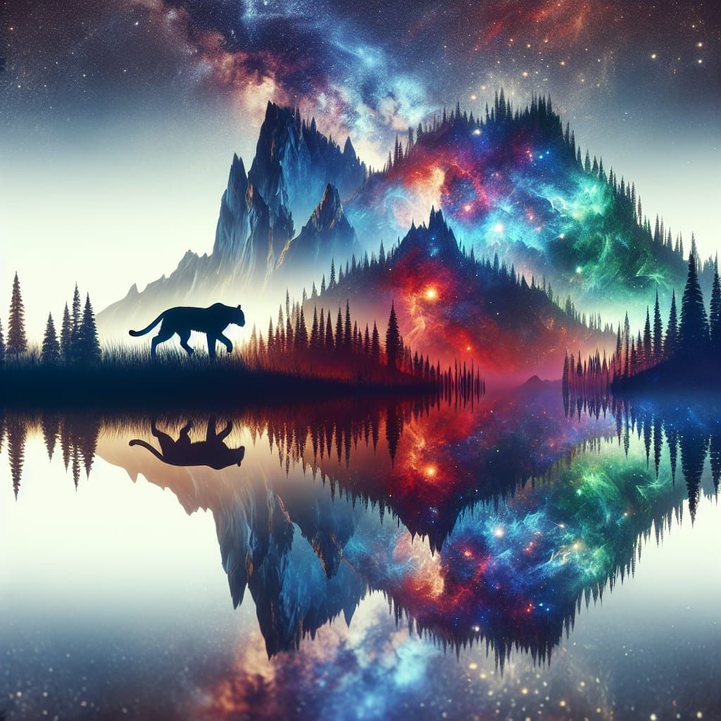 Panther Silhouette in Cosmic Landscape