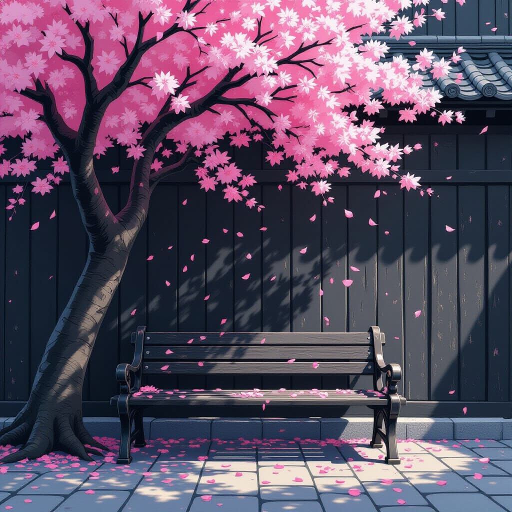 Ink Illustration of Cherry Blossom Tree with Bench