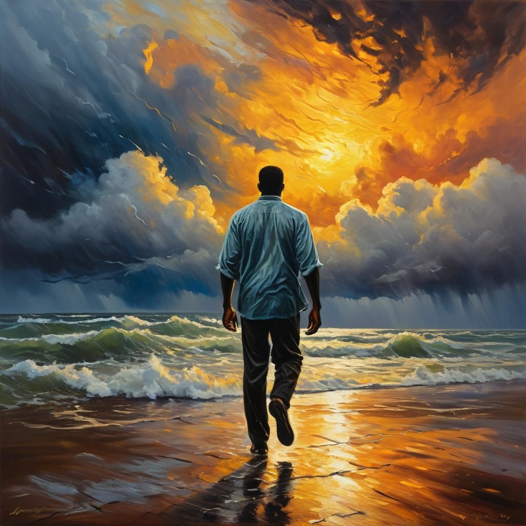 Man Walks from Storm into Sunrise: Impressionist Oil Paintin...