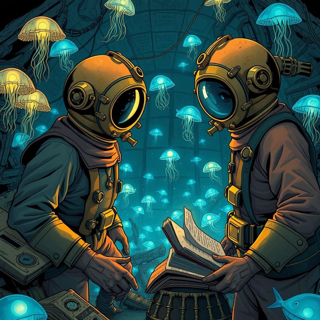 Underwater Library Discovery in Vintage Comic Art Style