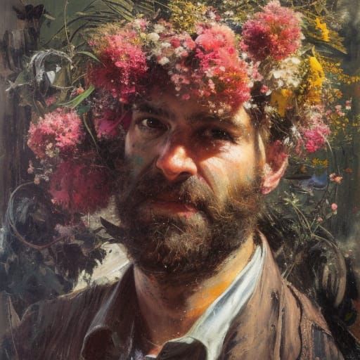 Floral Bearded Man: Oil Painting Portrait