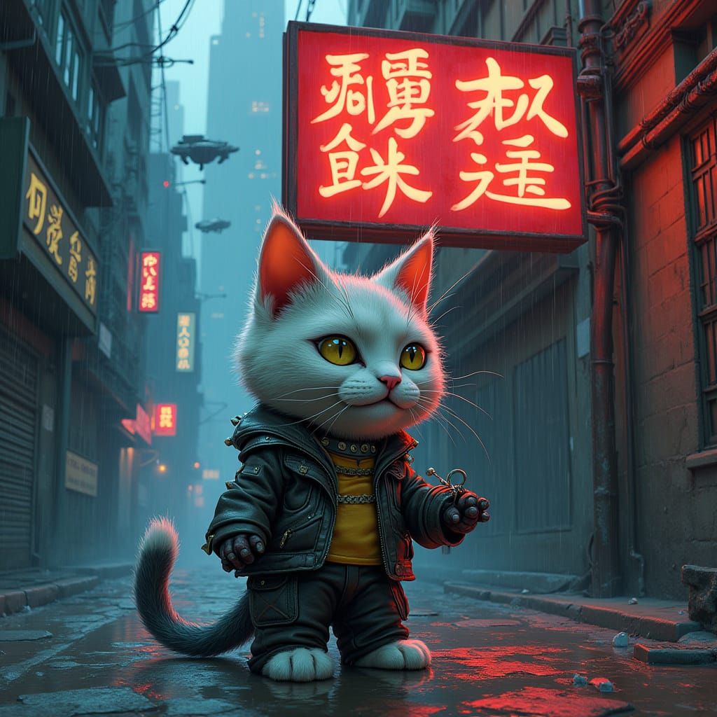 Cyberpunk Cat in Neon Alleyway, Storybook Style