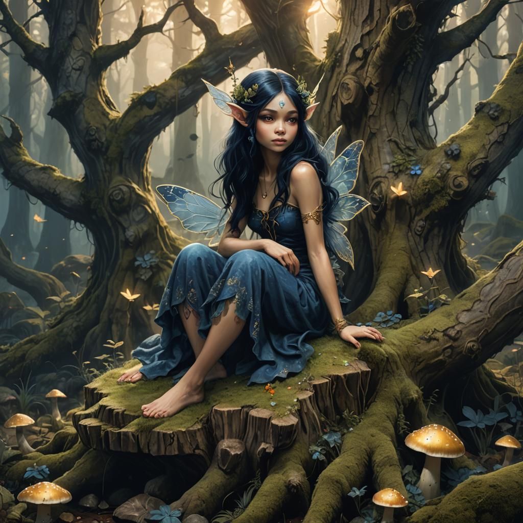 Blue Fairy in Mystical Forest Illustration