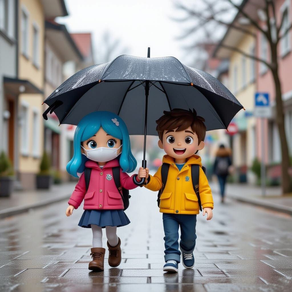 Elena and Luca Share Umbrella in Rainy Cinematic Scene