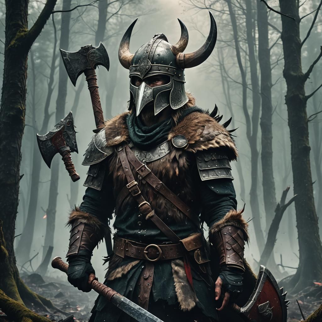 Viking Duck Warrior in Dark Fantasy Forest