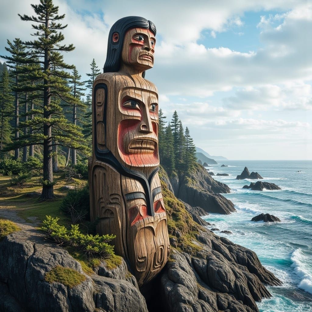 Weathered Totem Pole Carving on Ocean Cliff
