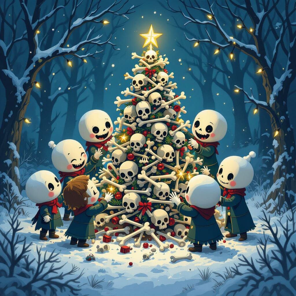 Cute Undead Build Bone Christmas Tree in Whimsical Forest