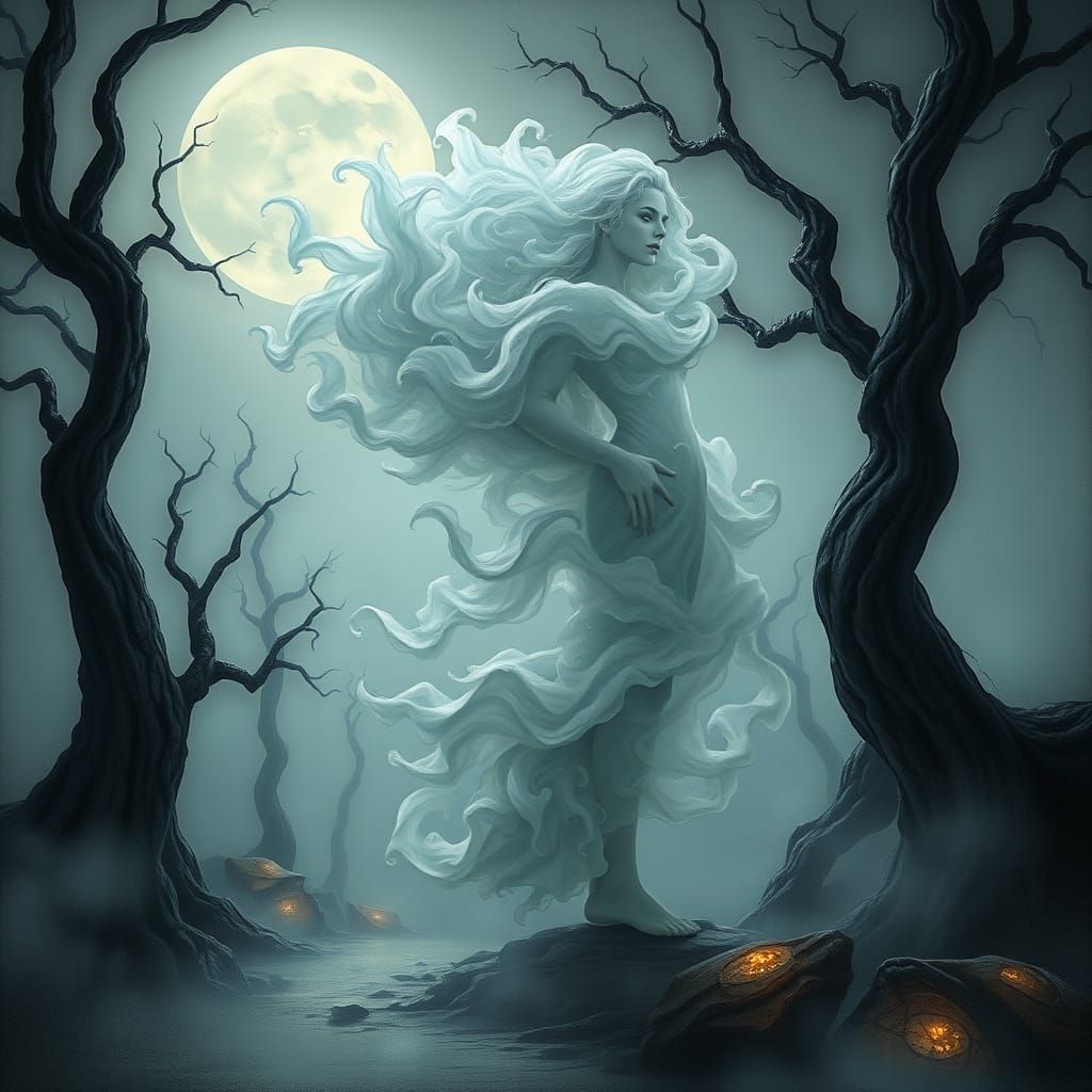 Ethereal Mist Woman in Moonlit Landscape