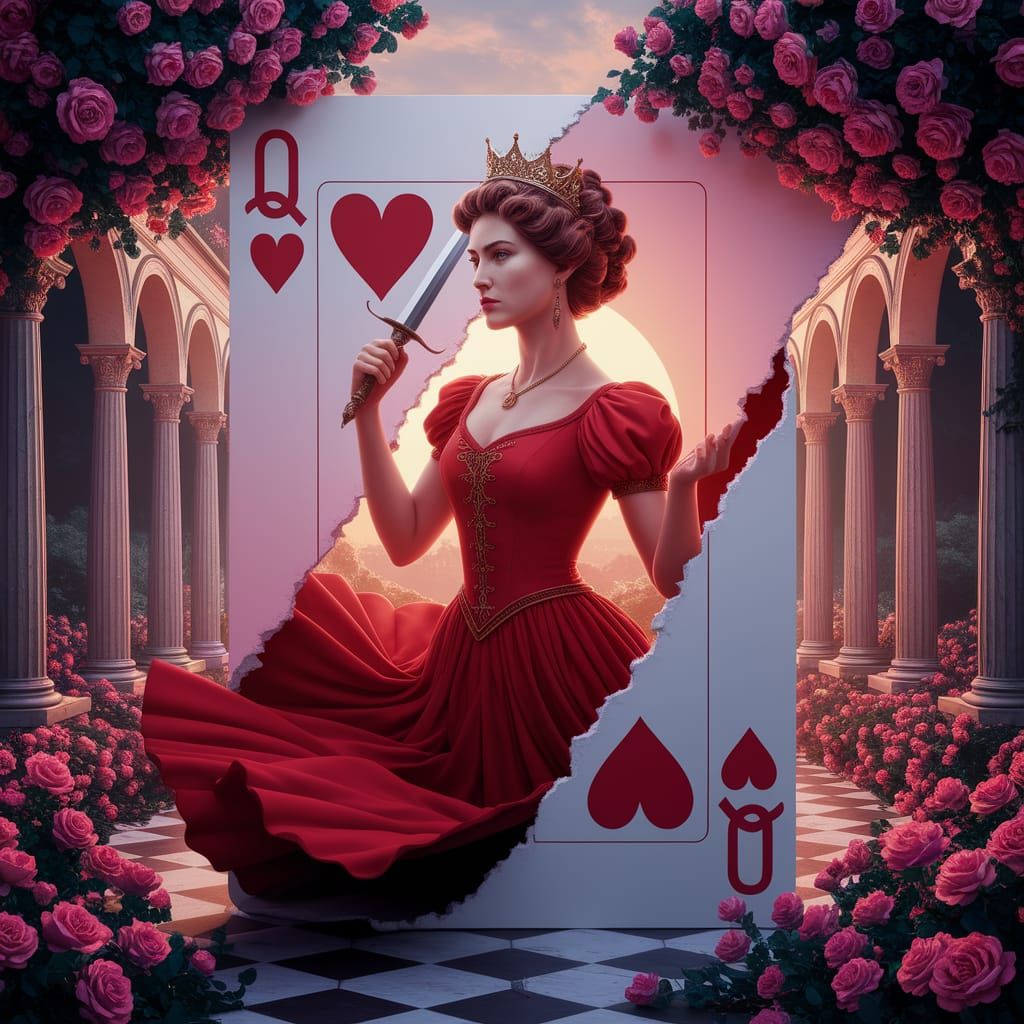Queen of Hearts Emerges from Torn Card in Rose Garden
