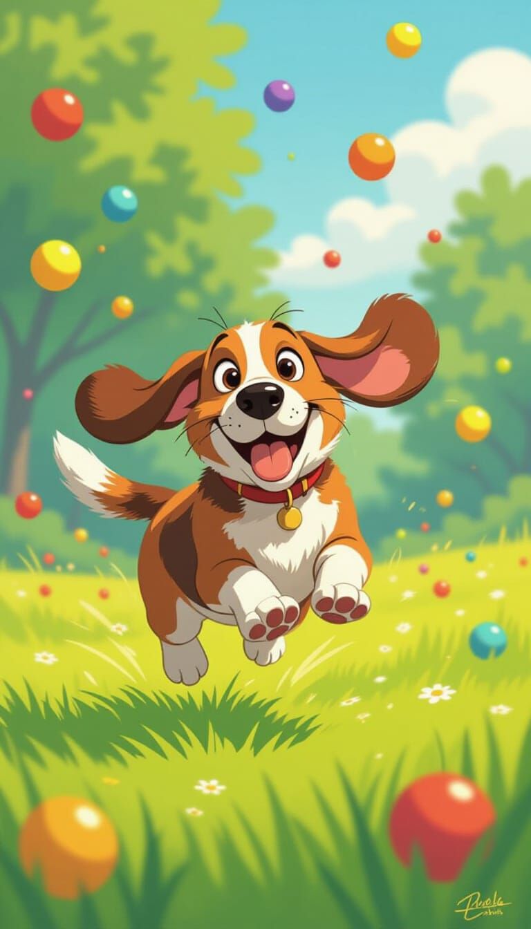Cartoon Basset Hound Leaping for Colorful Balls