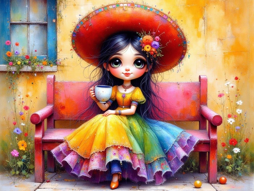 Whimsical Catrina with Colorful Dress and Pottery Mug