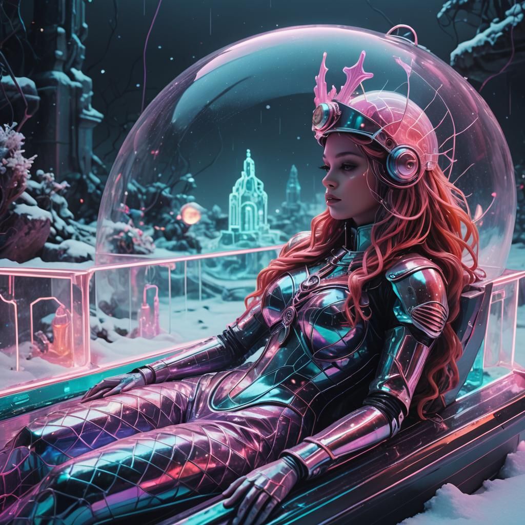 Cyber Mermaid in Neon Cemetery, Synthwave Style