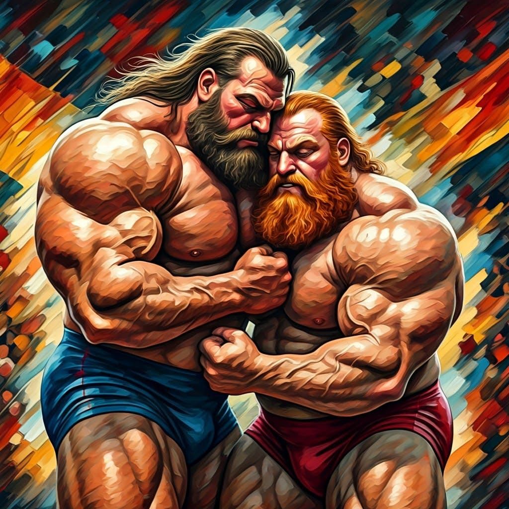 Powerful Expressionist Wrestling Scene in Vibrant Colors