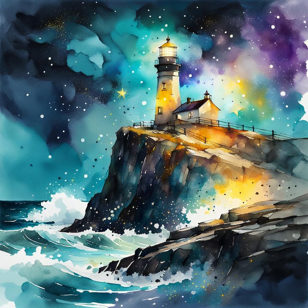 Lighthouse at Night: Watercolor Illustration