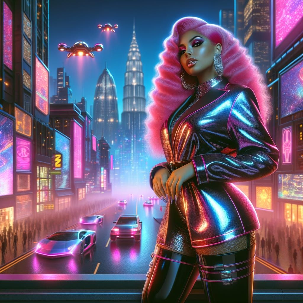 Futuristic Cyberpunk Goddess Reigns in Neon-Lit Metropolis