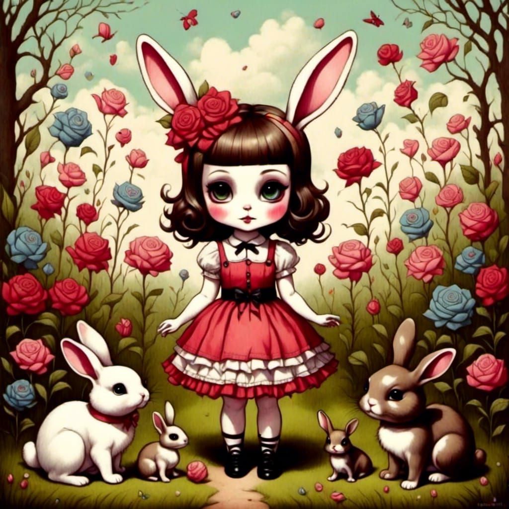 Surreal Flower Garden Bunnies in Pop Art Style