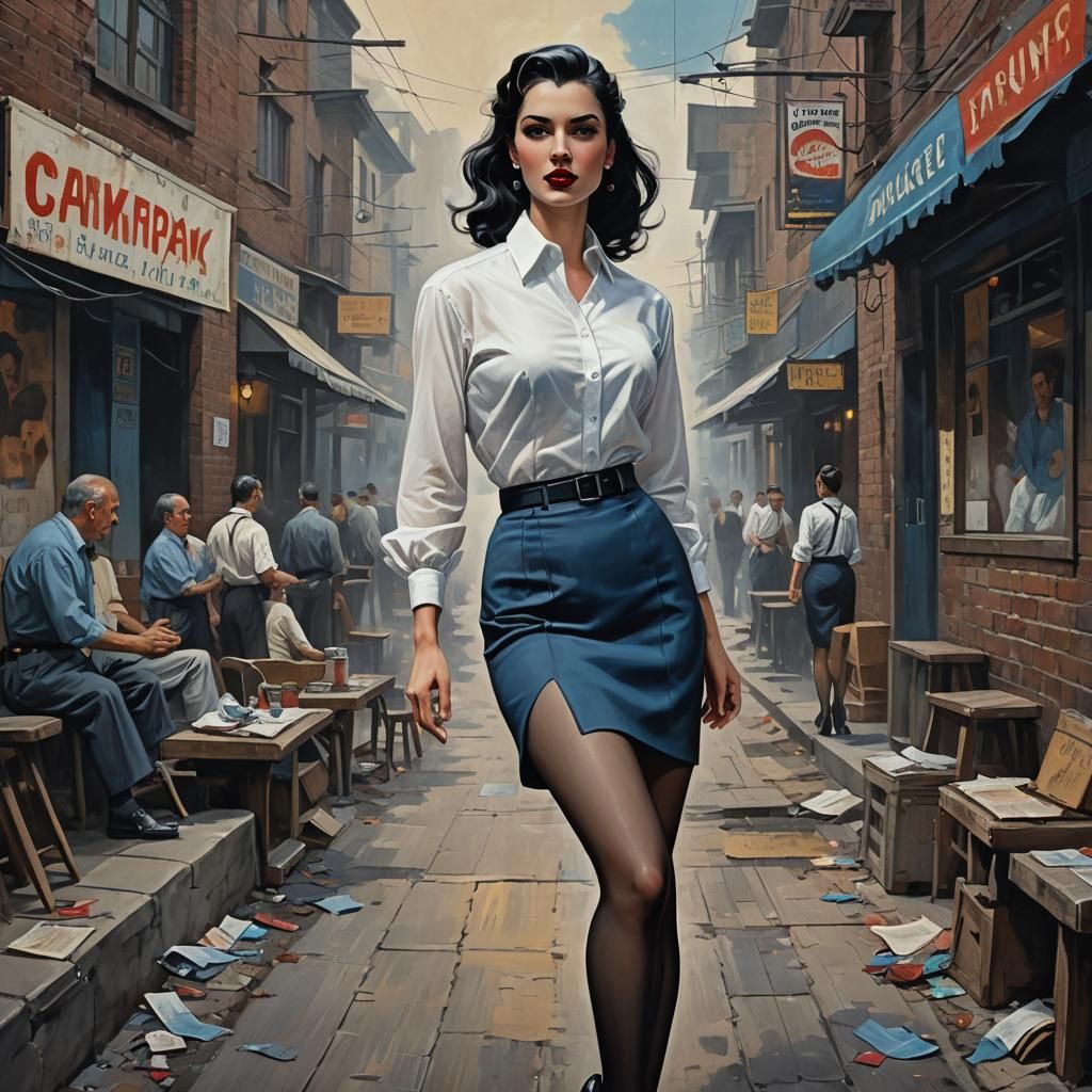 1950s Noir Woman in Cityscape, Oil Painting